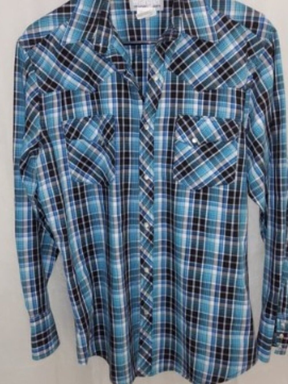 Wrangler Wrancher Mens long sleeve pearl snap blue plaid shirt sz M preowned